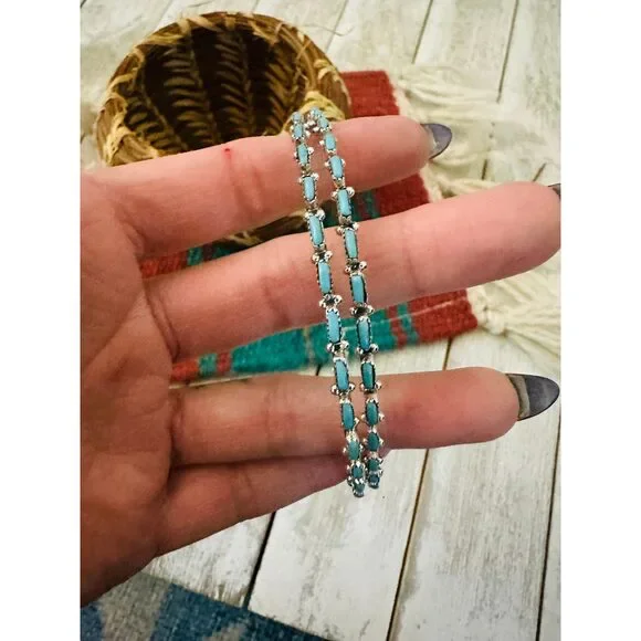 Handcrafted Turquoise & Sterling Silver Needlepoint Hoop Earrings